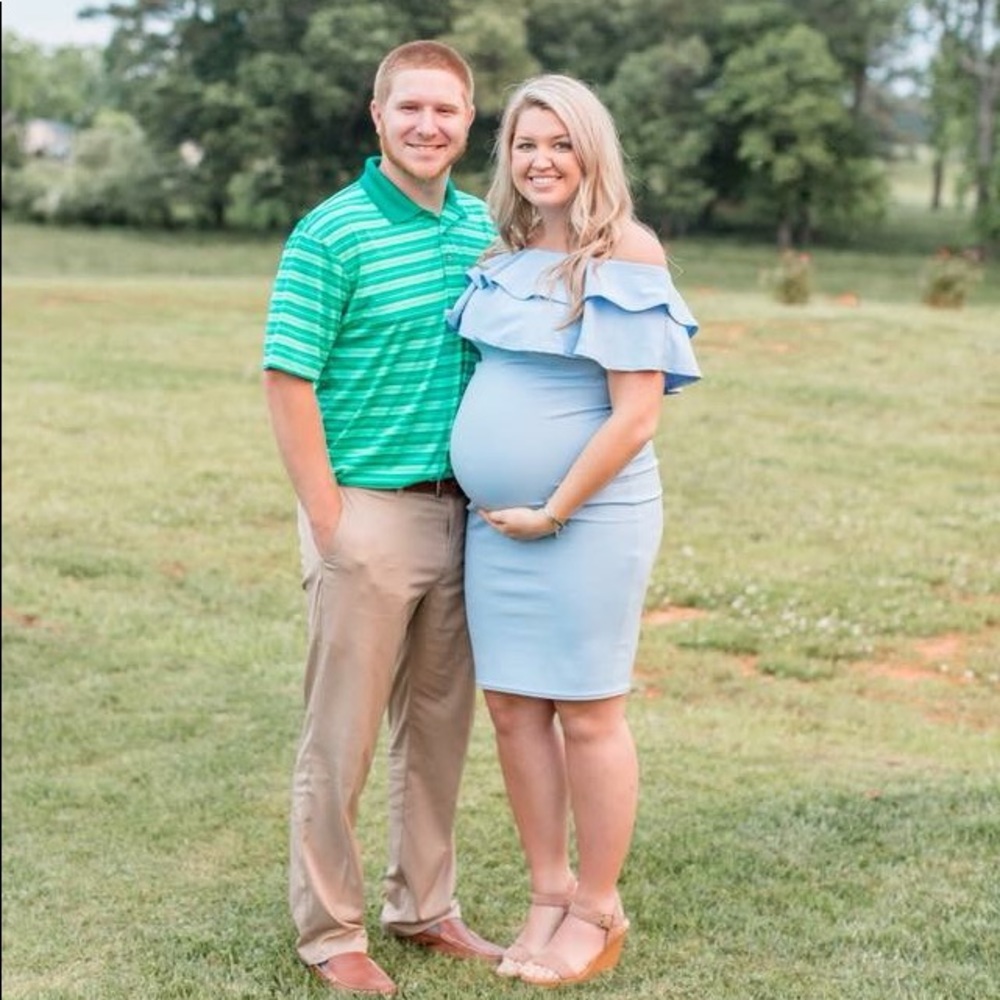Off the shoulder light blue maternity dress